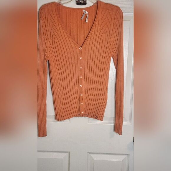 Classiques Entier Sweaters - Classiques Entier L Orange Lslv Knit Ribbed SILK Blend Buttons Up Women Cardigan